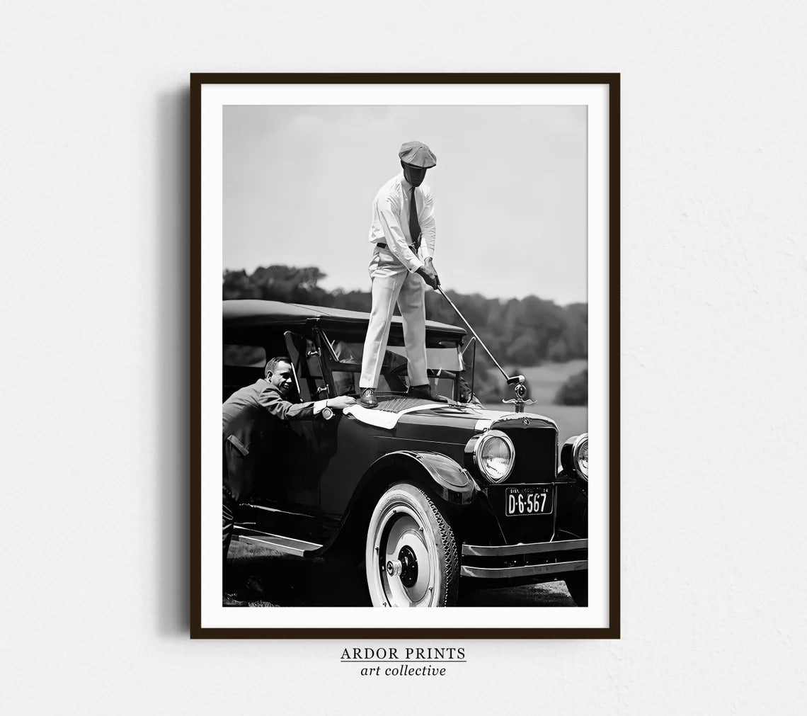 Vintage Golfer Teeing on Car Wall Art