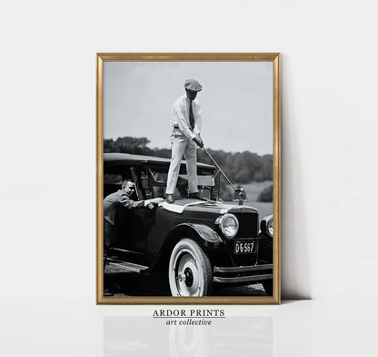 Vintage Golfer Teeing on Car Wall Art